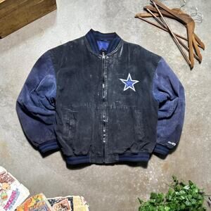 Vintage 90s NFL Gameday Dallas Cowboys Suede Leather Jacket Men Large Black Blue